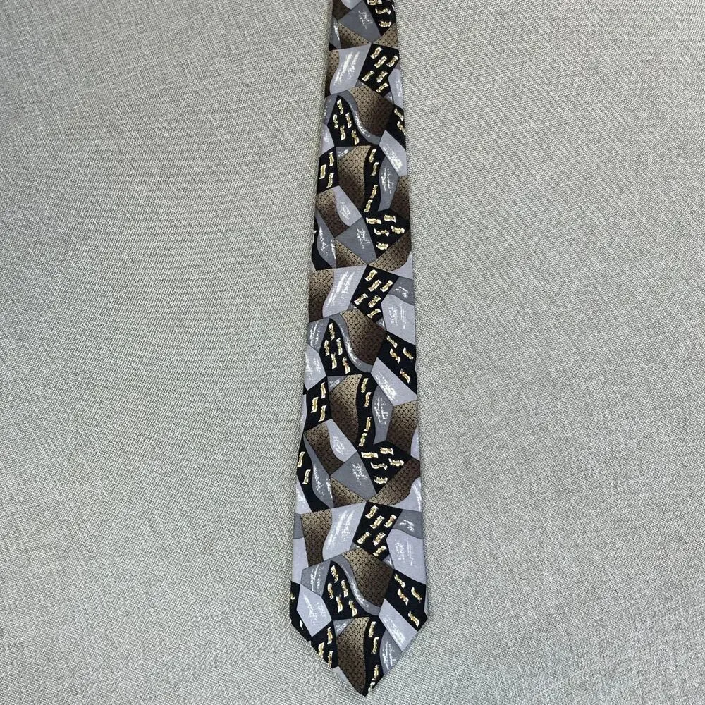 Vintage Barrington Silk Tie Black Silver Gold Abstract Geometric Necktie